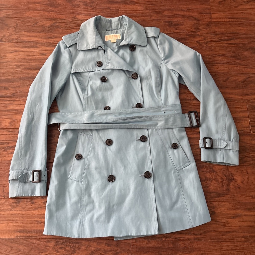 Michael Michael Kors Womens Hooded Belted Double-Breasted Trench M Light Blue
